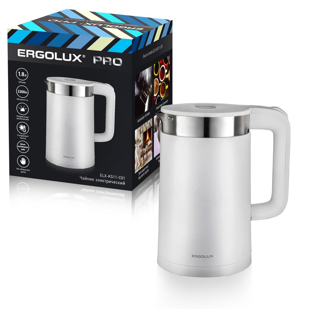 Изображение Электрический чайник Ergolux ELX-KS11-C01 (2200 Вт/1,8 л /пластик, нержавеющая сталь/белый)