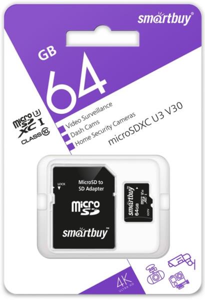 Изображение Карта памяти SmartBuy MicroSDXC Video Class 30 64 Гб адаптер на SD SB64GBSDCCTV