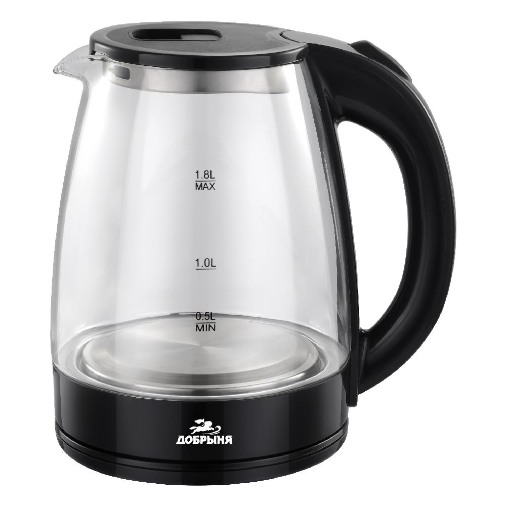 Изображение Электрический чайник Добрыня DO-1254 (2200 Вт/1,8 л /стекло, пластик/прозрачный, черный)