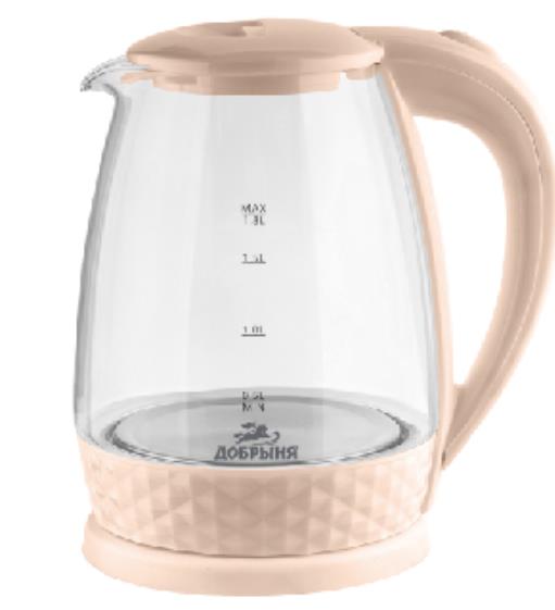 Изображение Электрический чайник Добрыня DO-1252C (1800 Вт/1,8 л /стекло, пластик/бежевый, прозрачный)