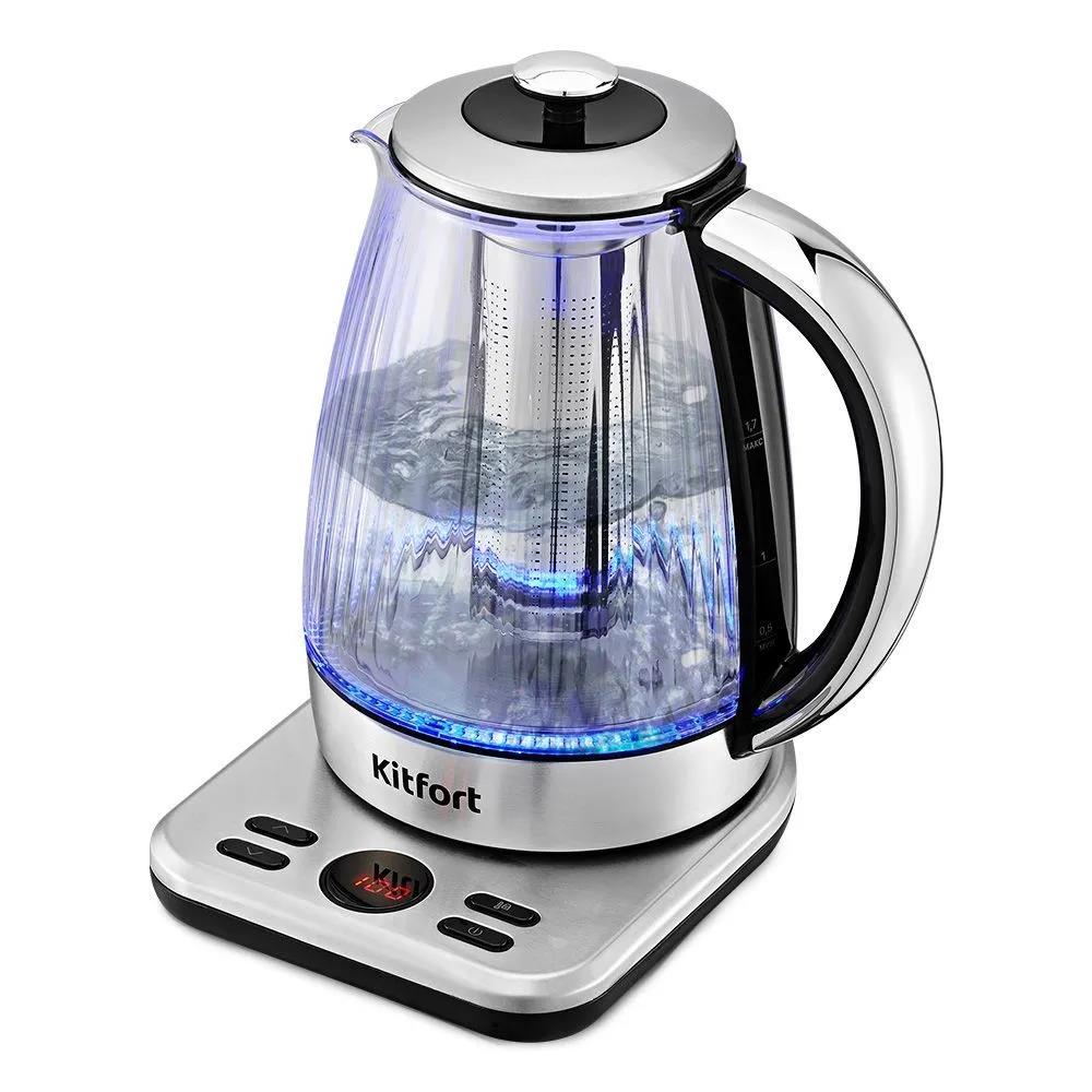 Изображение Электрический чайник Kitfort КТ-6711 (2000 Вт/1,7 л /стекло, пластик/прозрачный, серебристый)