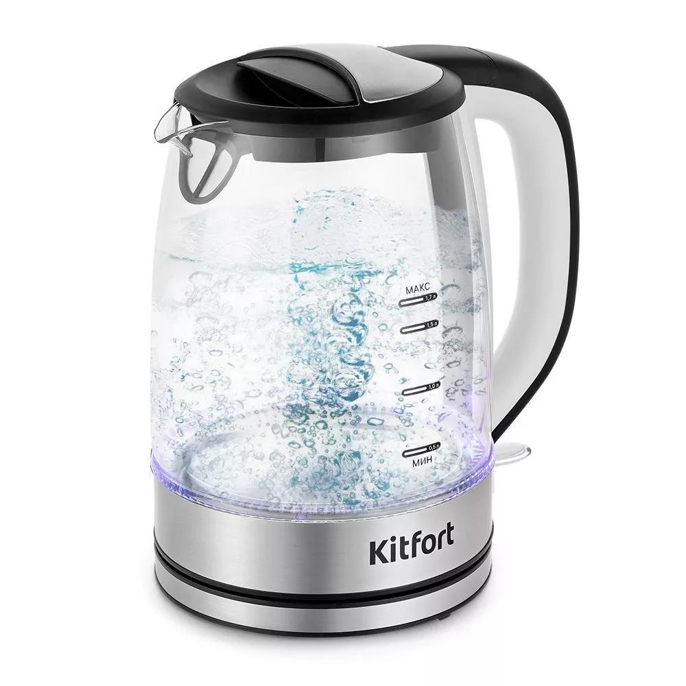 Изображение Электрический чайник Kitfort КТ-6628  (2200 Вт/1,7 л /стекло, нержавеющая сталь/прозрачный, черный, серебристый)