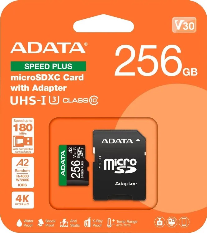 Изображение Карта памяти ADATA MicroSDXC Speed Plus Class 10 256 Гб адаптер на SD UD256GUI3V30A2SP-RA1